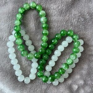 Green and White Beaded Bracelet Set of 4